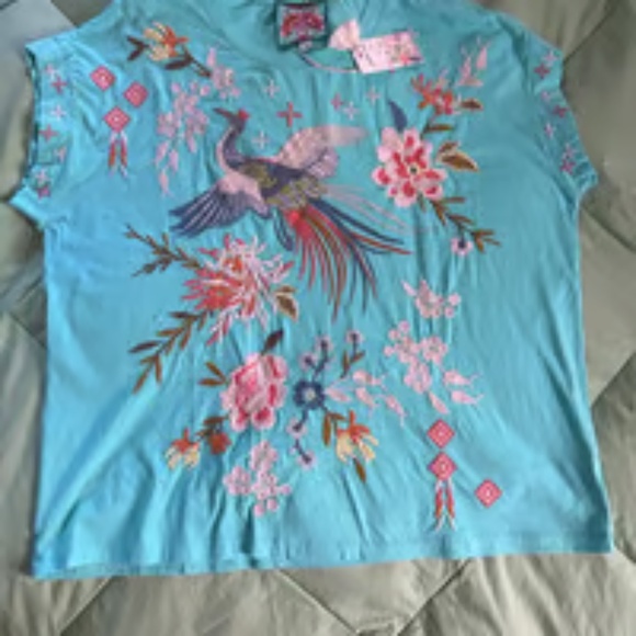 JOHNNY WAS embroidered Turquoise Tee STUNNING Sz L NWT-RARE/Hard-to-find! - Picture 10 of 16
